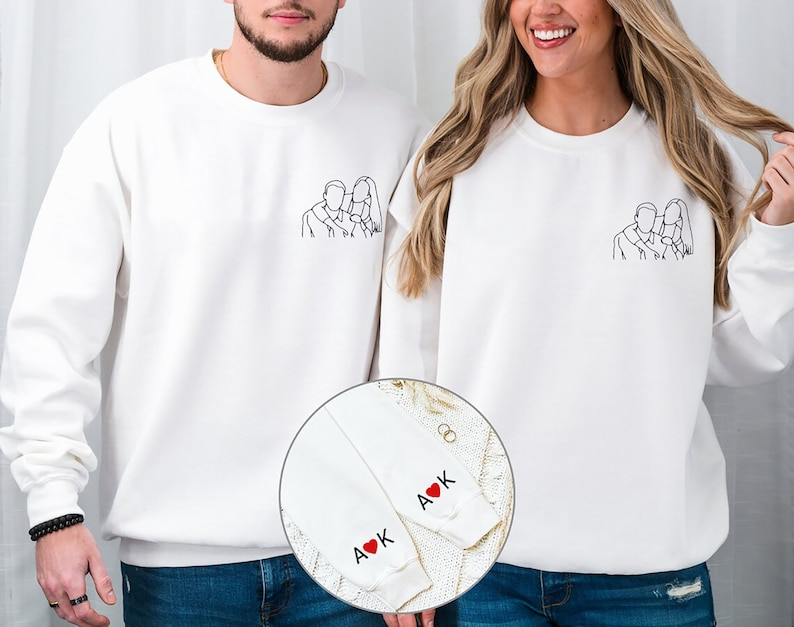 Custom Embroidered Portrait Hoodie from Photo, Personalized Couple Portrait Outline Hoodie, Matching Couple Gifts, Valentines Day Gifts Hoodie, Sweatshirt