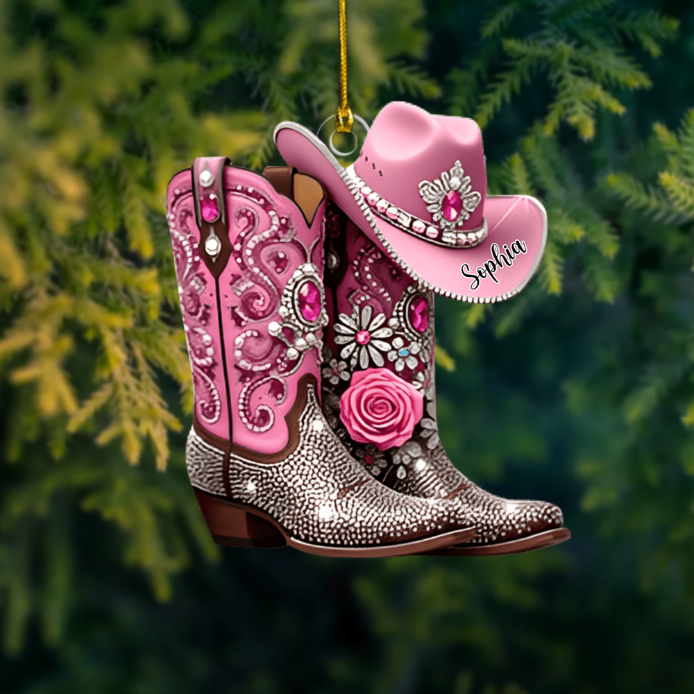Custom Name Cowgirl Ornament 2025 – Personalized Pink Boots and Hat Decoration, Cute Gift for Rodeo Lovers & Western Fans Ornament