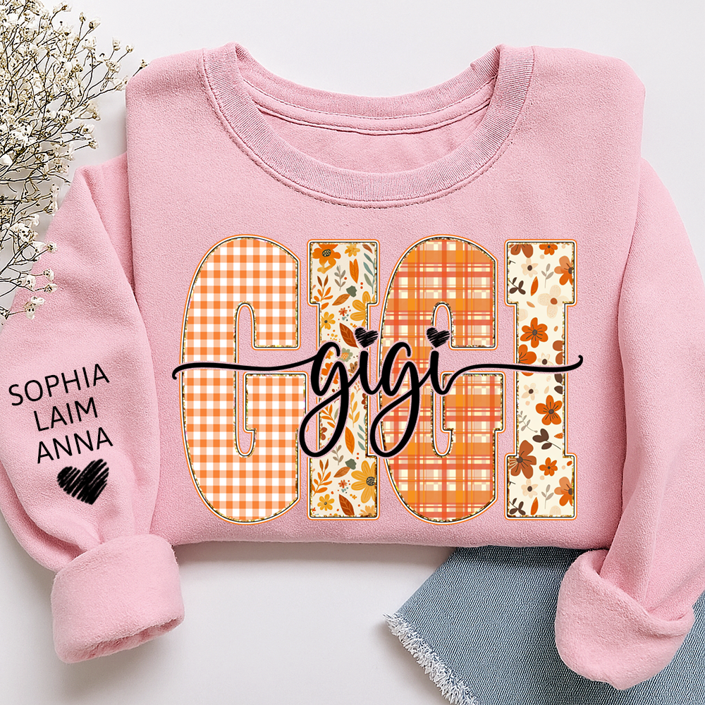 Personalized Gigi Crewneck for Grandma – Fall Colors with Kids' Names on Sleeve