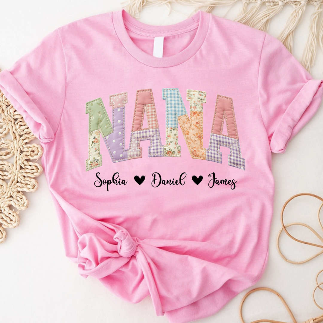 Personalized NANA Shirt – Cute Patchwork Design with Names of Loved Ones, Perfect for Grandmother