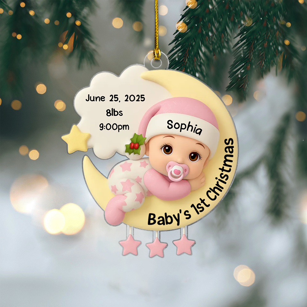 Personalized Baby’s First Christmas Ornament 2025 – Custom Name, Birth Stats & Newborn Moon Design Keepsake for New Parents Ornament