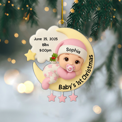 Personalized Baby’s First Christmas Ornament 2025 – Custom Name, Birth Stats & Newborn Moon Design Keepsake for New Parents Ornament
