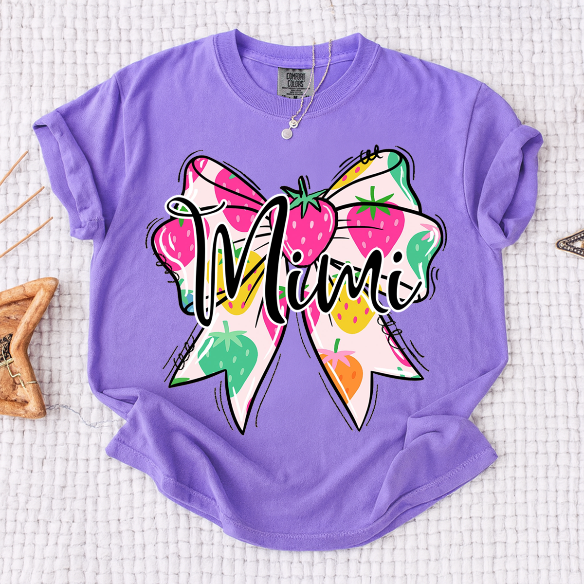 Comfort Colors® Mimi Strawberry Bow Shirt, Cute Grandma Bow Shirt for Women, Fruit Pattern Mimi Tee, Gift for Mimi And Kids
