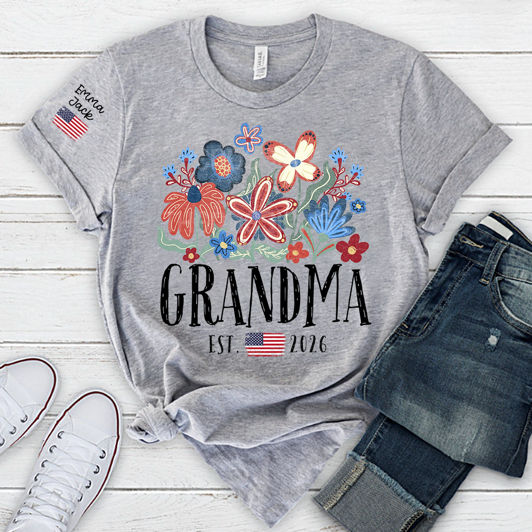 Personalized Flag America Grandma Floral Shirt with Custom Grandkids Names, Colorful Flower Design