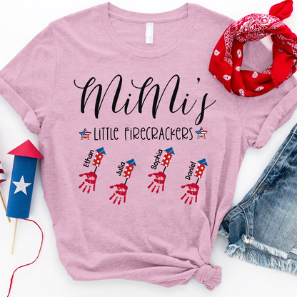 Personalized Mimi's Little Firecrackers T Shirt, Custom Grandchildren Names with Firework Handprint Design