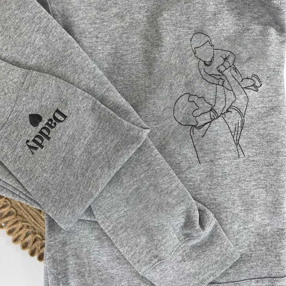 Personalized Gifts For Dad From Daughter Or Son With Outline Portrait Photo Initial Sleeve, Embroidered Sweatshirt
