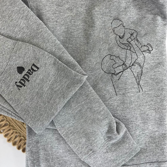 Personalized Gifts For Dad From Daughter Or Son With Outline Portrait Photo Initial Sleeve, Embroidered Sweatshirt