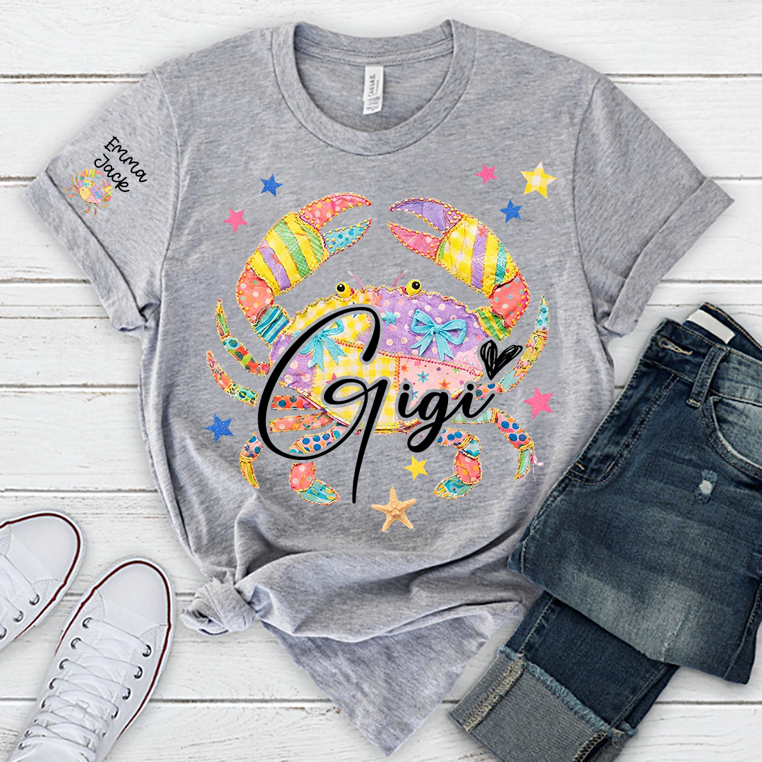 Custom Mimi T Shirt, Personalized Grandma Shirt with Kids Names, Colorful Crab Beach Design Tee, Summer Gift for Mimi