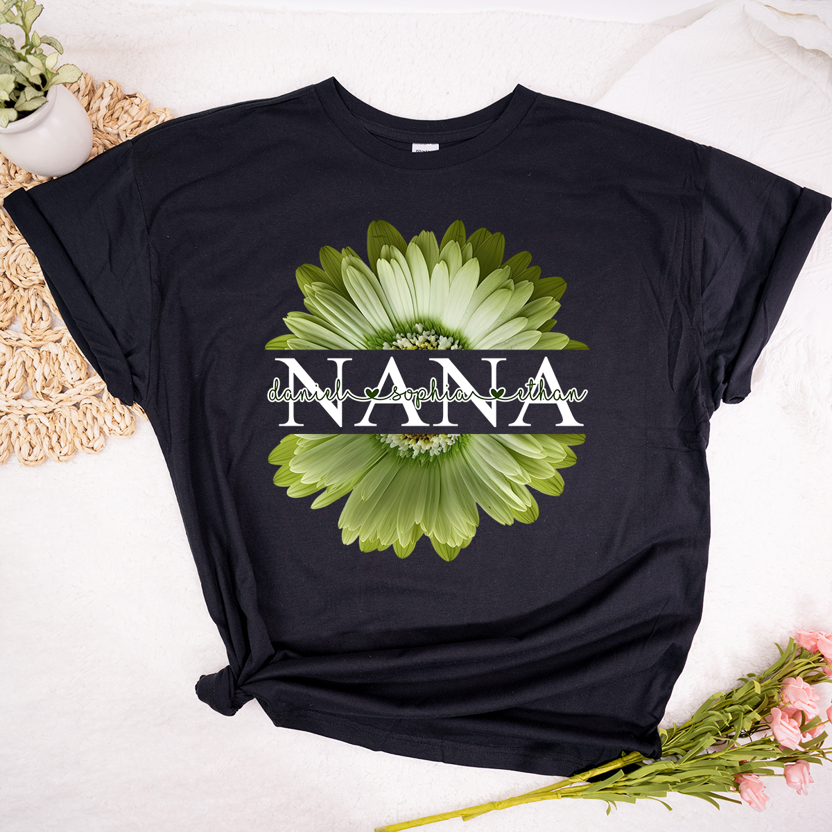 Custom Nana Shirt with Large Green Flower – Personalized Grandma Gift Featuring Grandkids Names