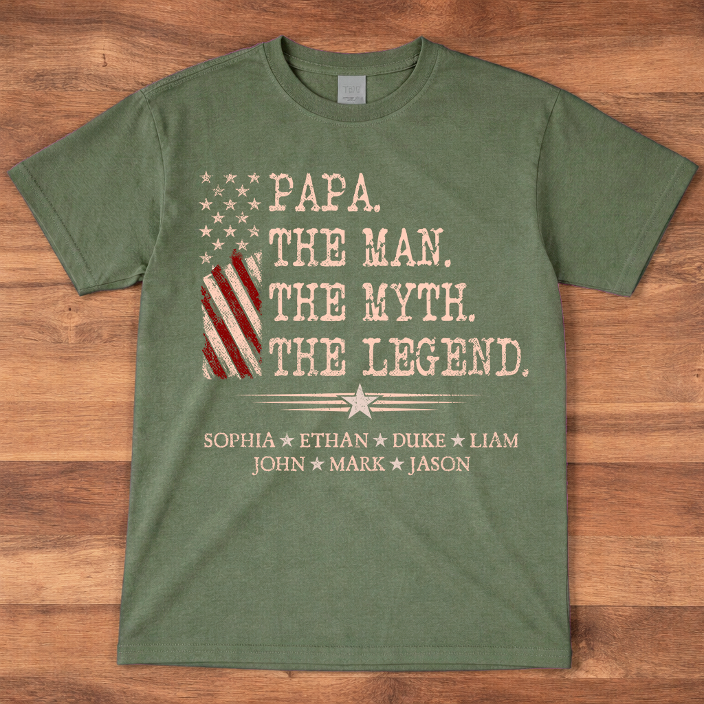 Papa The Man The Myth The Legend Shirt, Personalized Papa T-Shirt with Kids Names Patriotic American Flag Design