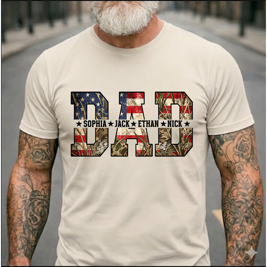 Personalized Dad T-Shirt – Custom KidNames Patriotic USA Gift for Daddy Papa