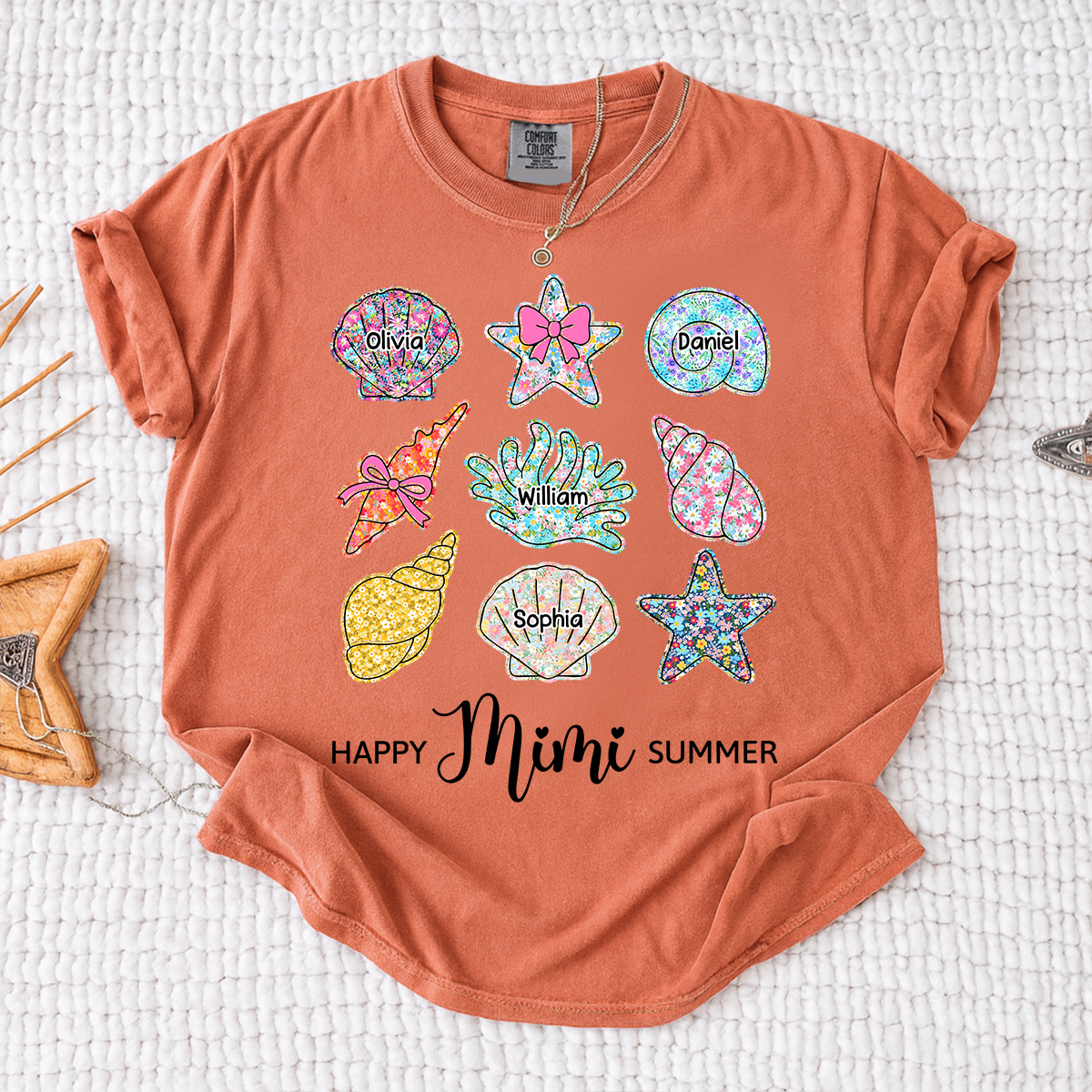 Comfort Colors Personalized Mimi Summer Beach Shirt with Grandkids Names, Custom Grandma Seashell Starfish T Shirt for Women