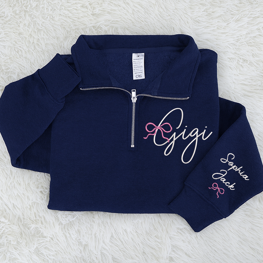 Custom Gigi Embroidered Quarter Zip – Personalized Sweatshirt For Grandma Or Gigi With Kids Names And Pink Bow Design