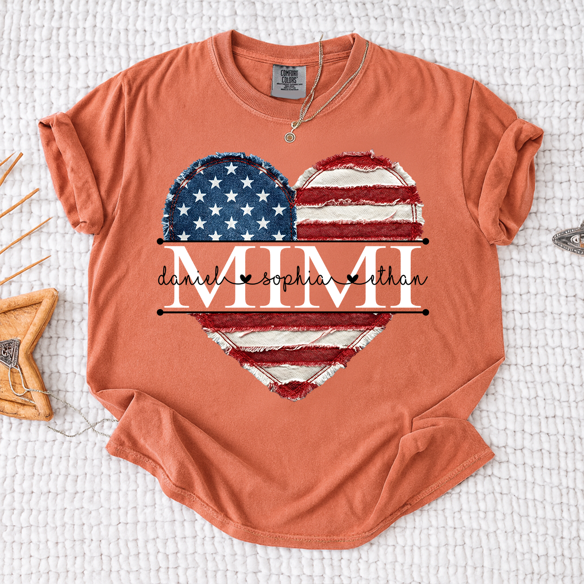 Comfort Colors Mimi Shirt with USA Flag Heart, Personalized with Kids Names, Custom Grandmother T Shirt, Ideal for Mother's Day, Patriotic Gift