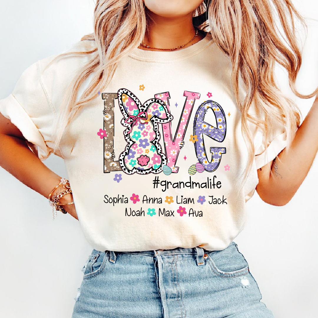 Personalized Love Grandma Liffe Easter T Shirt, Bunny And Egg Design With Names For Grandma And Kids