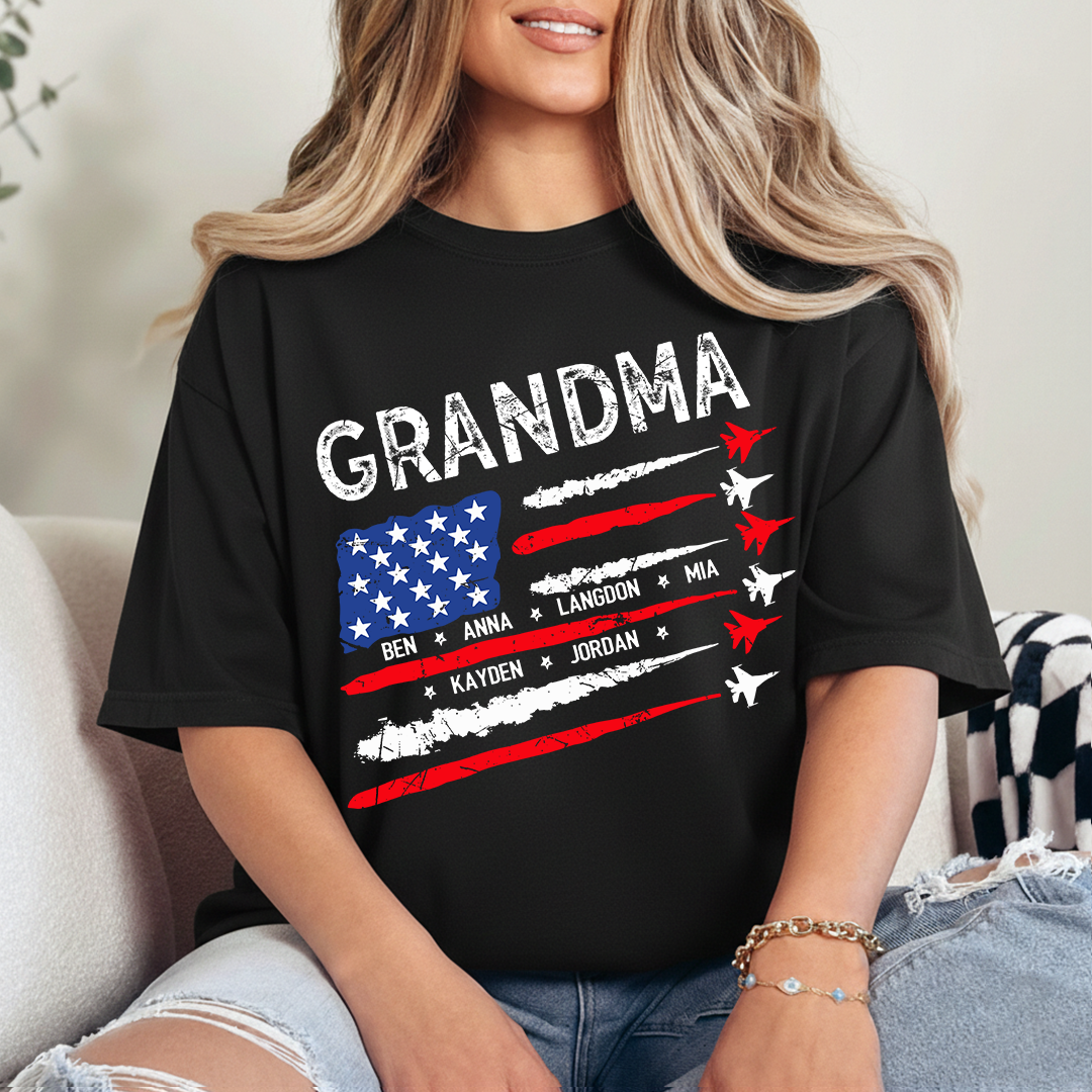 Patriotic Grandma Shirt with American Flag and Fighter Jet Design for 4th of July