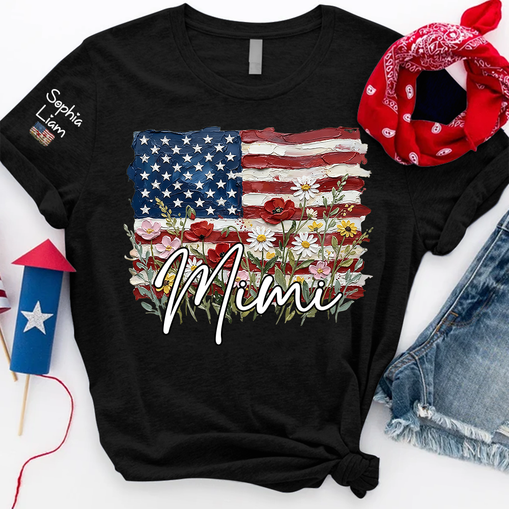 Personalized Mimi Shirt with American Flag Floral Design, Custom Grandma Name Tee, Family Gift Shirt