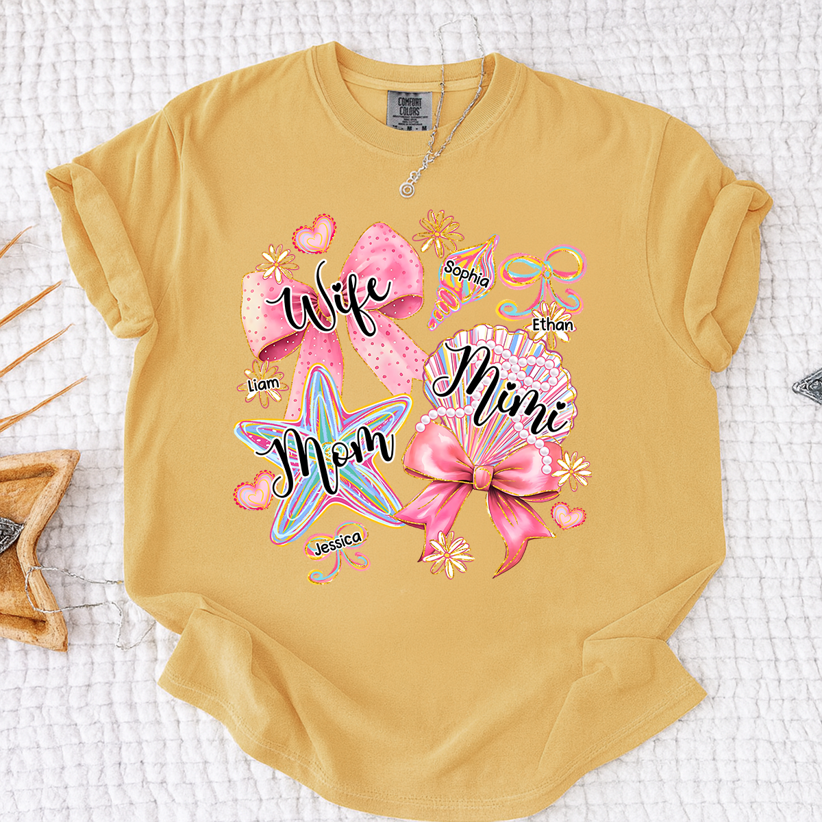 Comfort Colors Personalized Wife Mom Mimi Beach Shirt with Grandkids Names, Custom Grandma Coastal T Shirt for Women, Summer Family Vacation Gift
