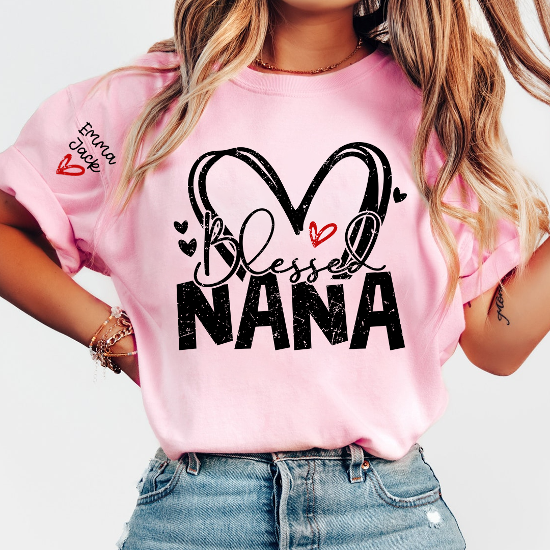 Blessed Nana Shirt, Personalized Family T Shirt with Custom Grandkids Names and Heart Design