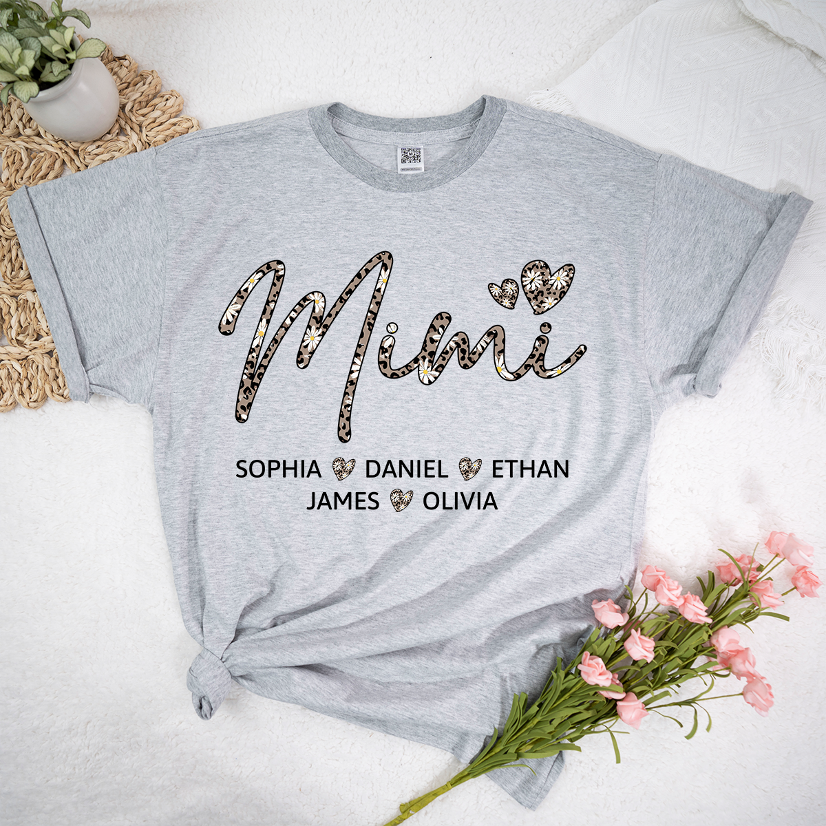 Personalized Mimi Shirt with Grandkids Names, Leopard Print Mimi Grandma T-Shirt Gift for Her