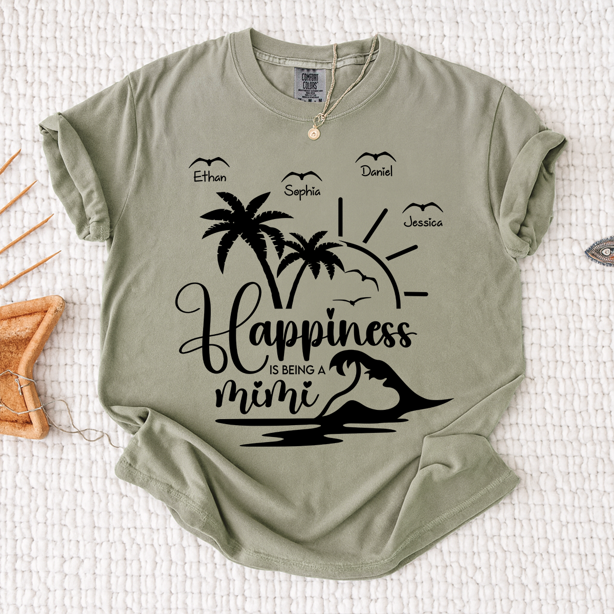 Comfort Colors Personalized Mimi Beach Shirt with Grandkids Names, Happiness Is Being a Mimi Tee, Custom Summer Grandma Gift