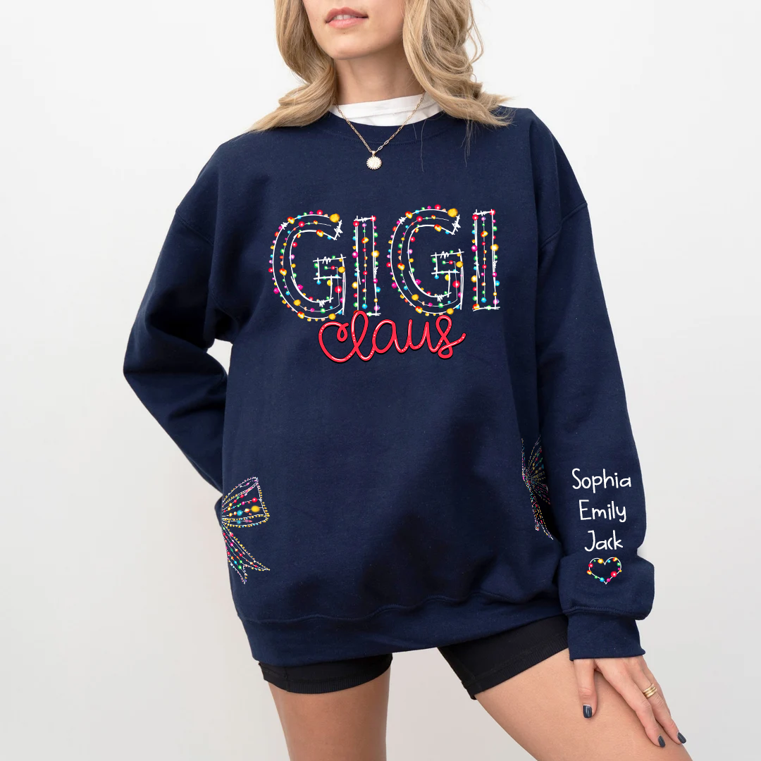 Custom Christmas Gigi Claus Light And GrandKids Name Coquette Bow Light Sweatshirt
