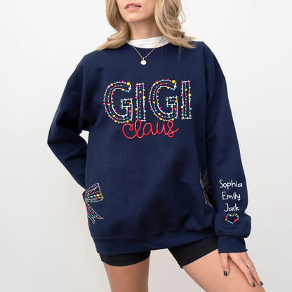 Custom Christmas Gigi Claus Light And GrandKids Name Coquette Bow Light Sweatshirt