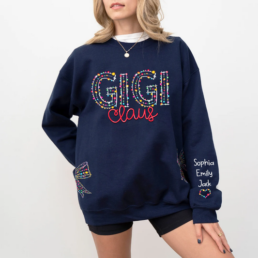 Custom Christmas Gigi Claus Light And GrandKids Name Coquette Bow Light Sweatshirt
