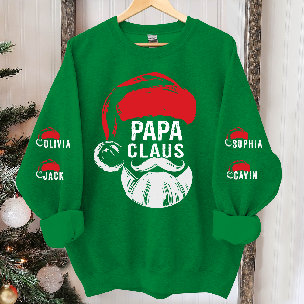 Personalized Papa Claus Sweatshirt, Custom Grandpa With Grandkids Name On The Sleeve Sweatshirt
