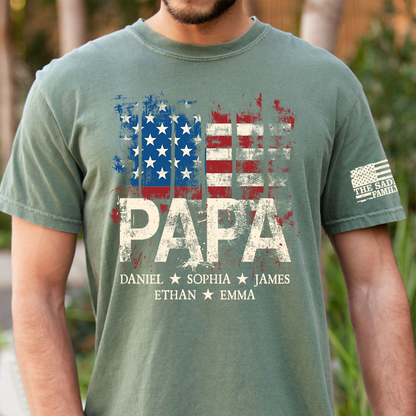 Personalized Papa Shirt for 4th of July – American Flag Custom Dad Gift with Family Name and Kids Names