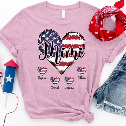 Custom Mimi Shirt with Grandkids Names American Flag Heart Design Personalized Family Name Tee