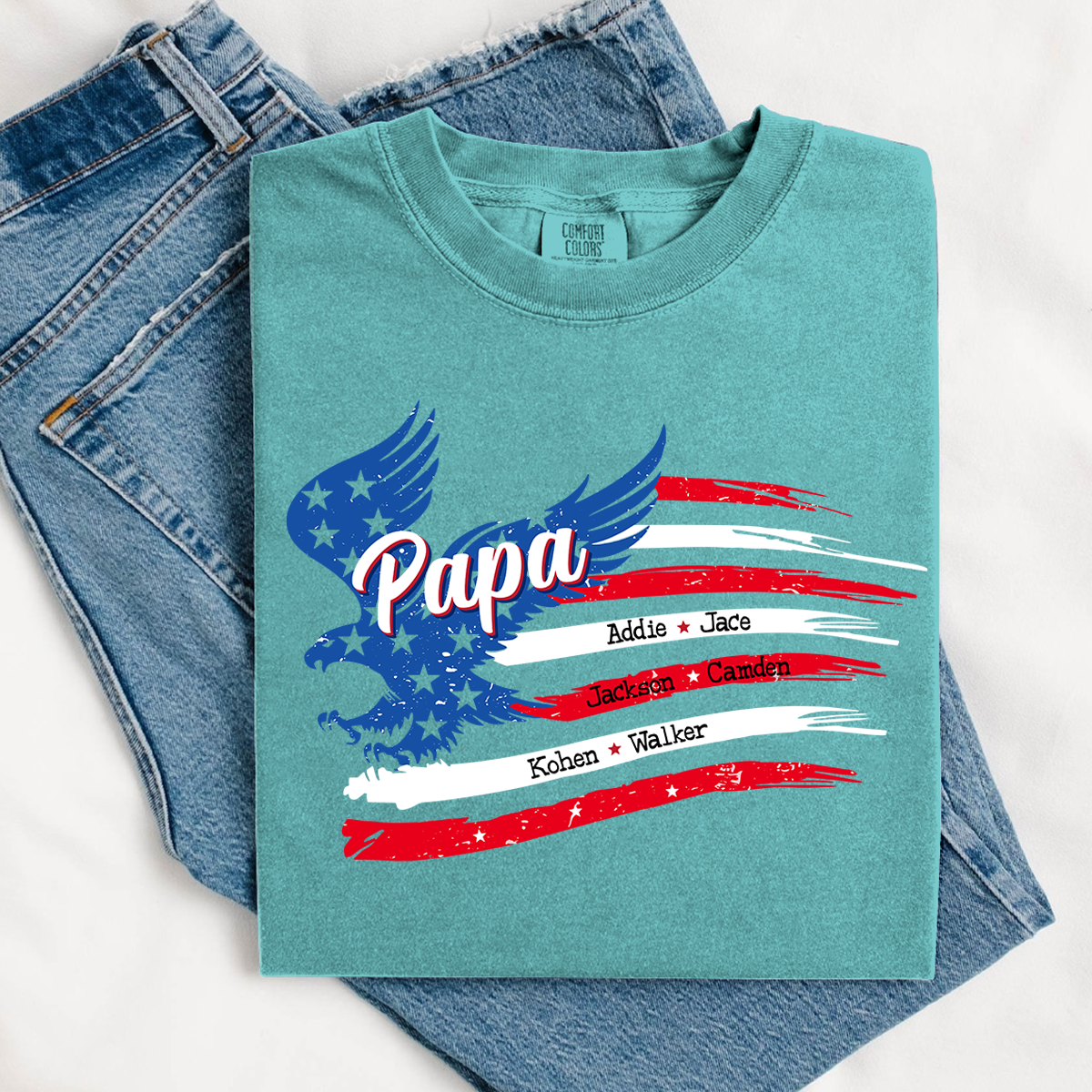 Comfort Colors® Personalized Papa Shirt, Eagle with Grandkids name Hands Flag T-Shirt, Custom Shirt for Fathers Day