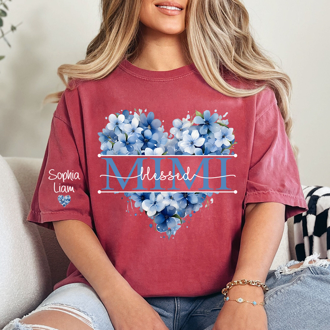 Personalized Blessed Mimi Floral Heart T Shirt, Custom Family Names with Beautiful Blue Flowers, Perfect Gift for Mimi