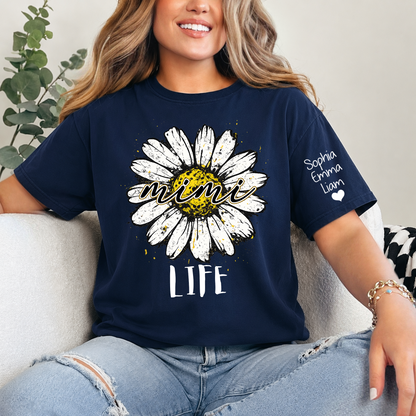 Personalized Mimi Life Daisy Shirt, Custom Grandma T-Shirt with Kids Names on Sleeve, Floral Family Name Tee Gift for Grandma, Nana Shirt