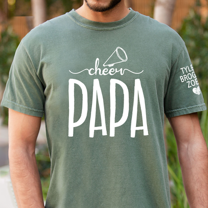Custom Cheer Papa Tee, Personalized Dad's Cheer T-Shirt with Kid's Names