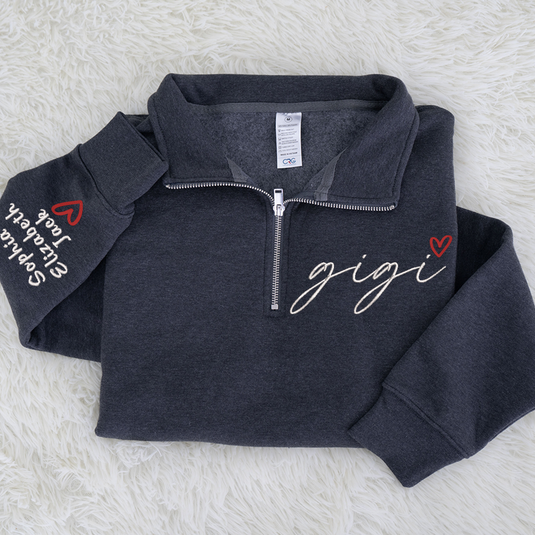Personalized Hand Embroidered Gigi Est Sweater, Gift for Grandma and Kids Quarter Zip Sweater