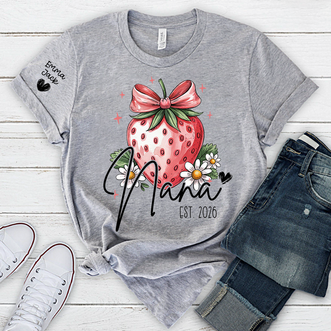 Mimi Strawberry Shirt, Cute Bow Floral Graphic Tee, Personalized Grandma T Shirt, Gift for Mimi from Family