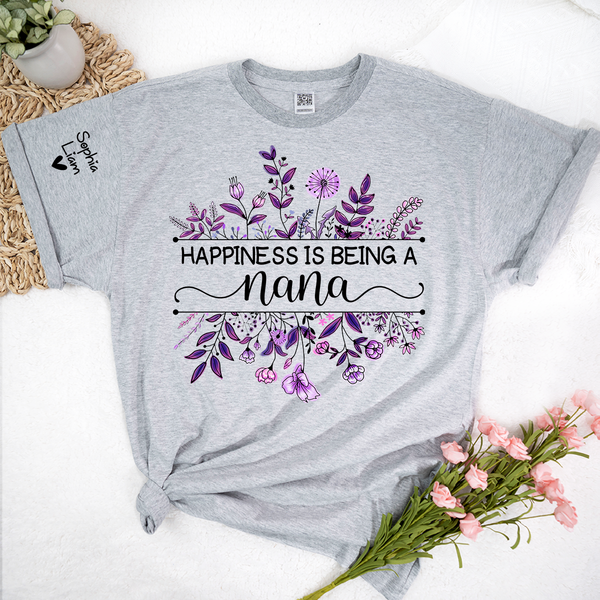 Happiness Is Being a Nana Shirt, Purple Floral Grandma Tee, Custom Nana Gift from Grandkids, Family Name Sleeve Shirt, Cute Grandma Outfit