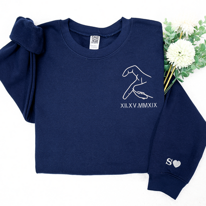 Custom Embroidered Sweatshirt,Custom Embroidered Roman Numeral Date - Initials On Sleeves TH