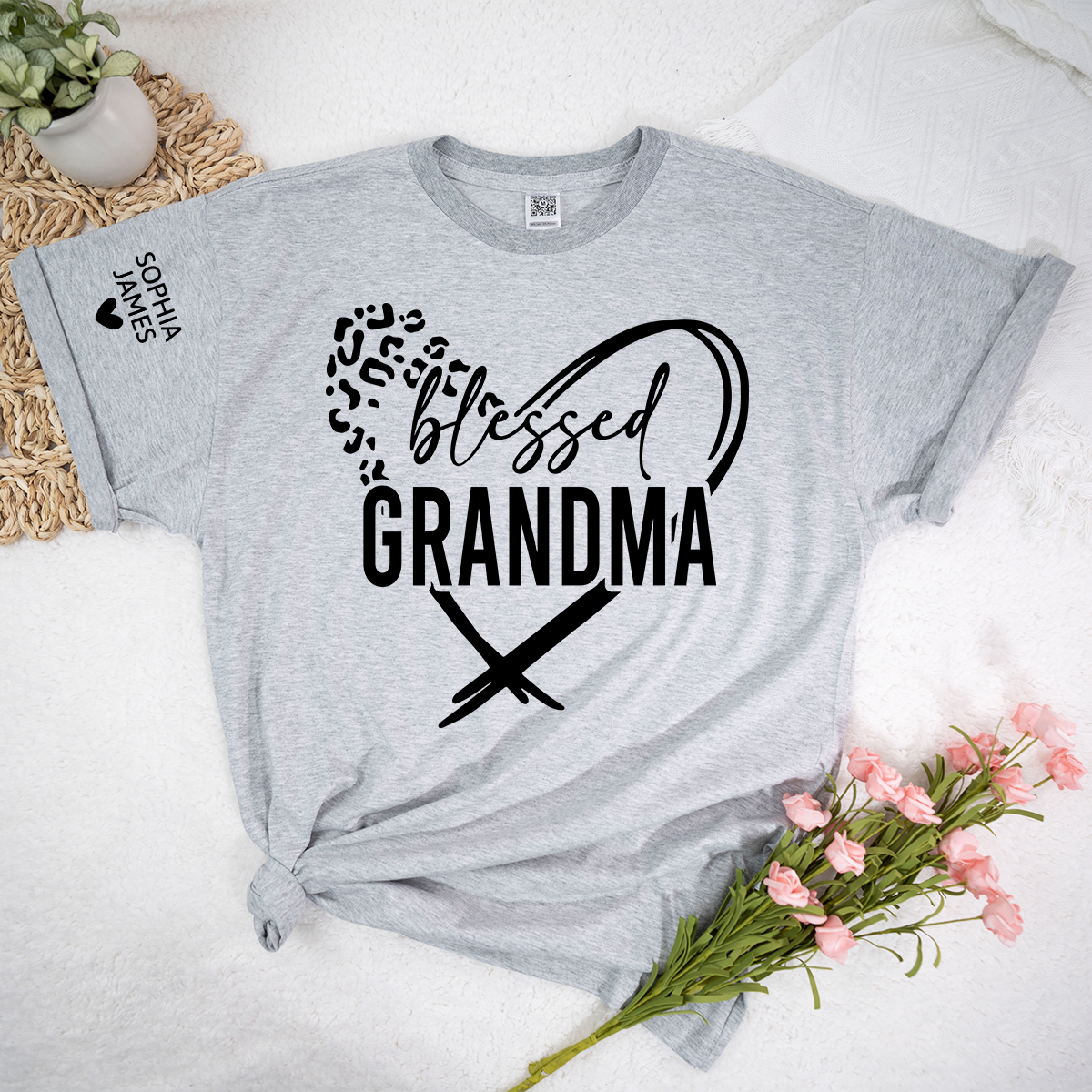 Blessed Grandma Shirt, Leopard Print Heart Design T-Shirt, Custom Grandma Apparel for Her, Sentimental Family Gift