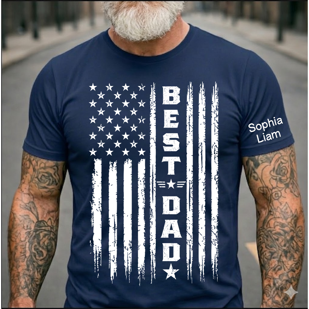 Best Dad Patriotic T-Shirt – Custom Kids Names American Flag Design Gift for Daddy Papa Fathers Day Birthday