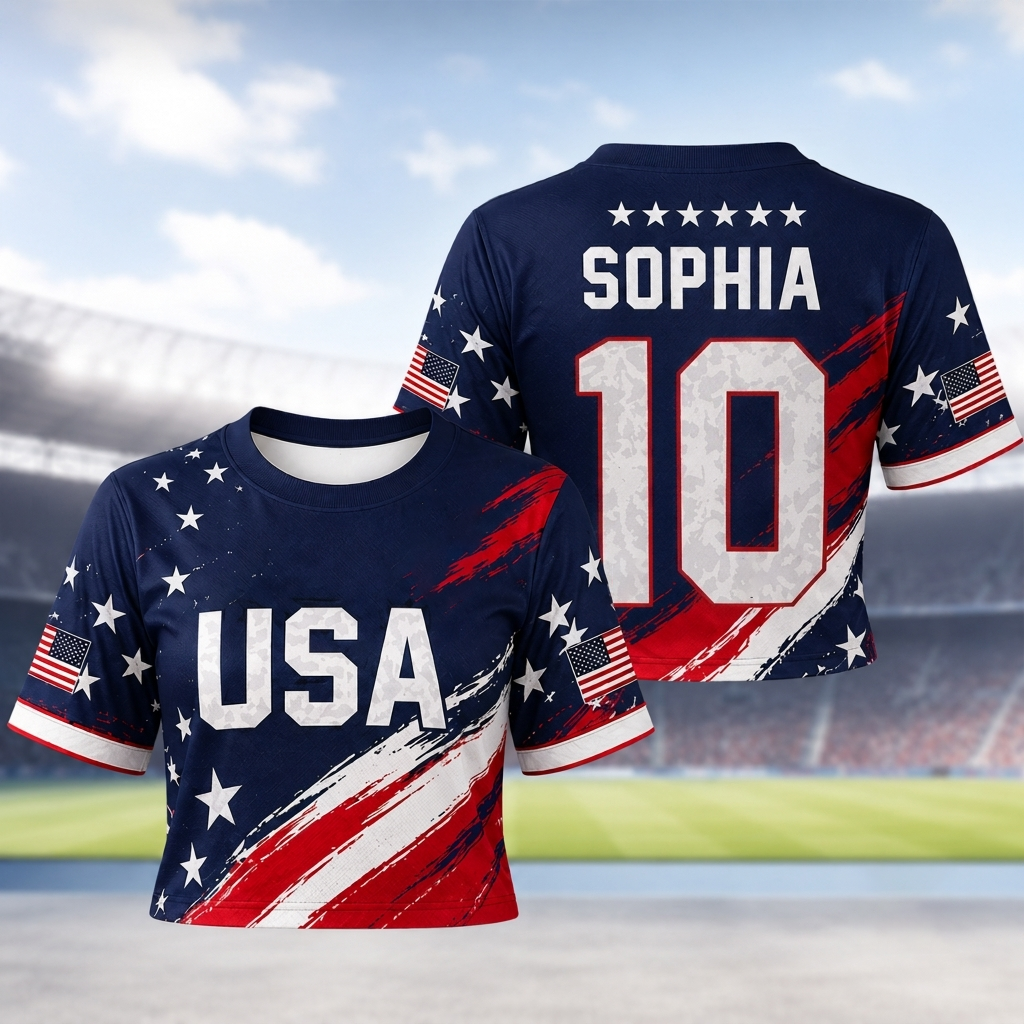 Custom Women's USA 2026 Jersey Crop Tee - Personalized Birthday Gifts For Soccer Lovers, Sports Fans, Sports Lovers - Stars And Stripes On The Pitch