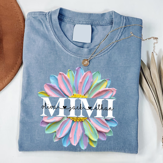 Comfort Colors® Personalized Mimi Flower Shirt, Custom Grandkids Names Floral Shirt, Colorful Daisy Brushstroke Oil Painting Grandma T Shirt, Mother’s Day Gift for Mimi Nana Gigi, Family Name Shirt