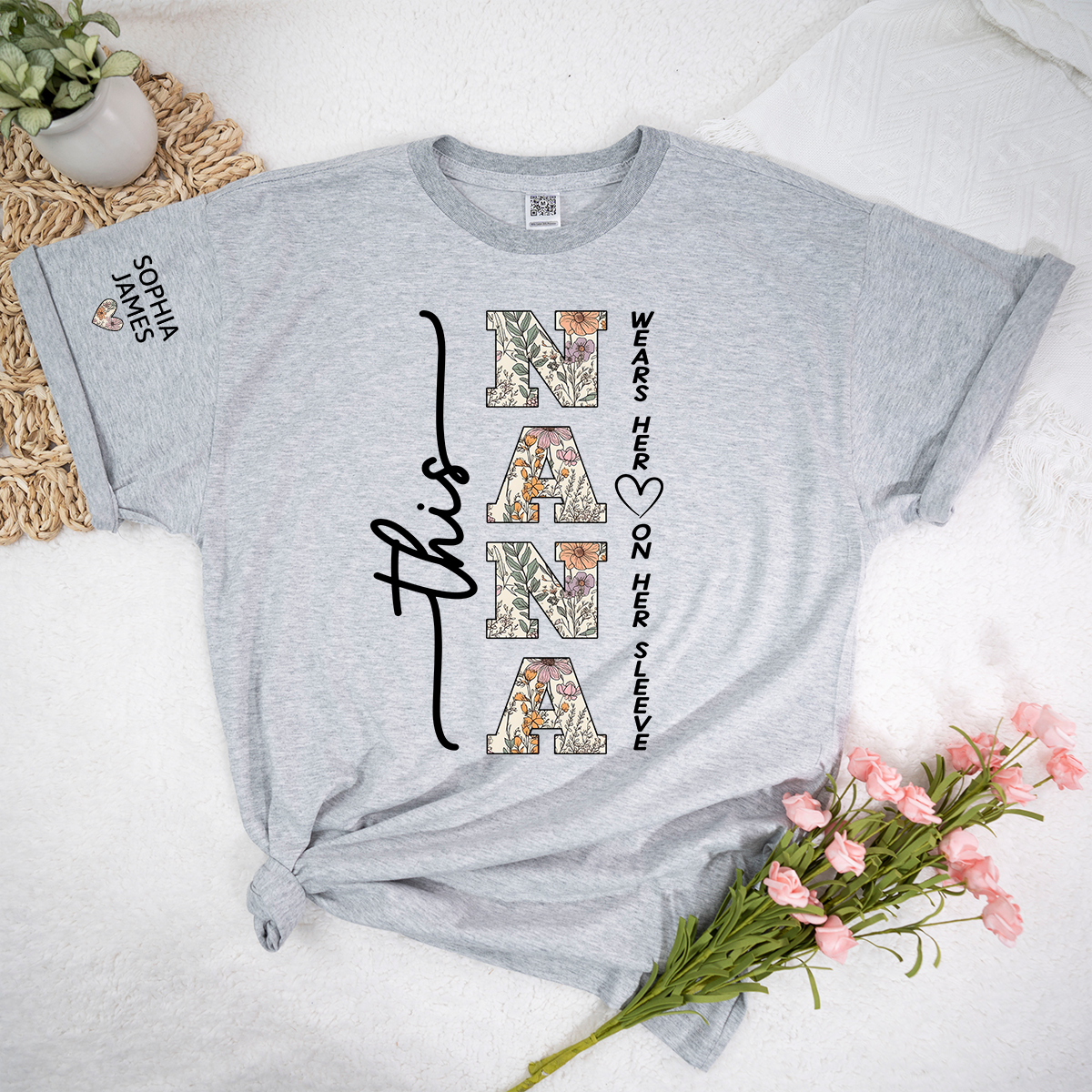 Custom This Nana Wears Her Heart on Her Sleeve Shirt, Floral Design Nana T-Shirt with Kids Names