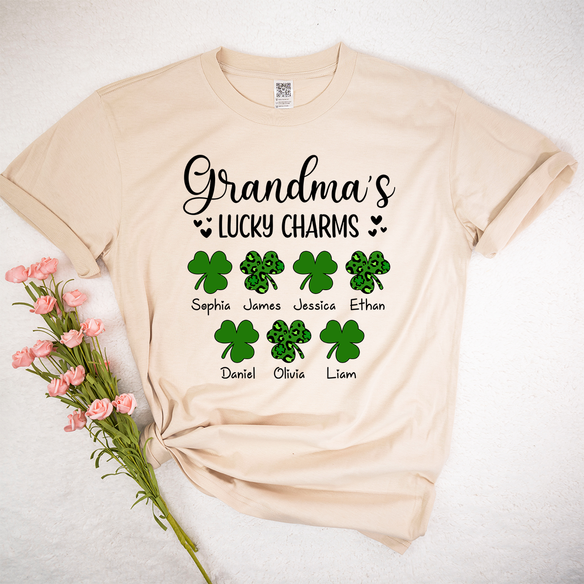 Grandma’s Lucky Charms Shirt, Personalized Grandma T Shirt with Grandkids Names, St Patrick’s Day Shamrock Family Tee for Grandma