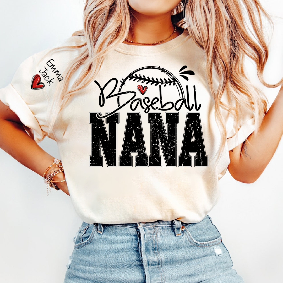 Baseball Nana Game Day Shirt with Custom Names, Sports Family T Shirt for Grandma