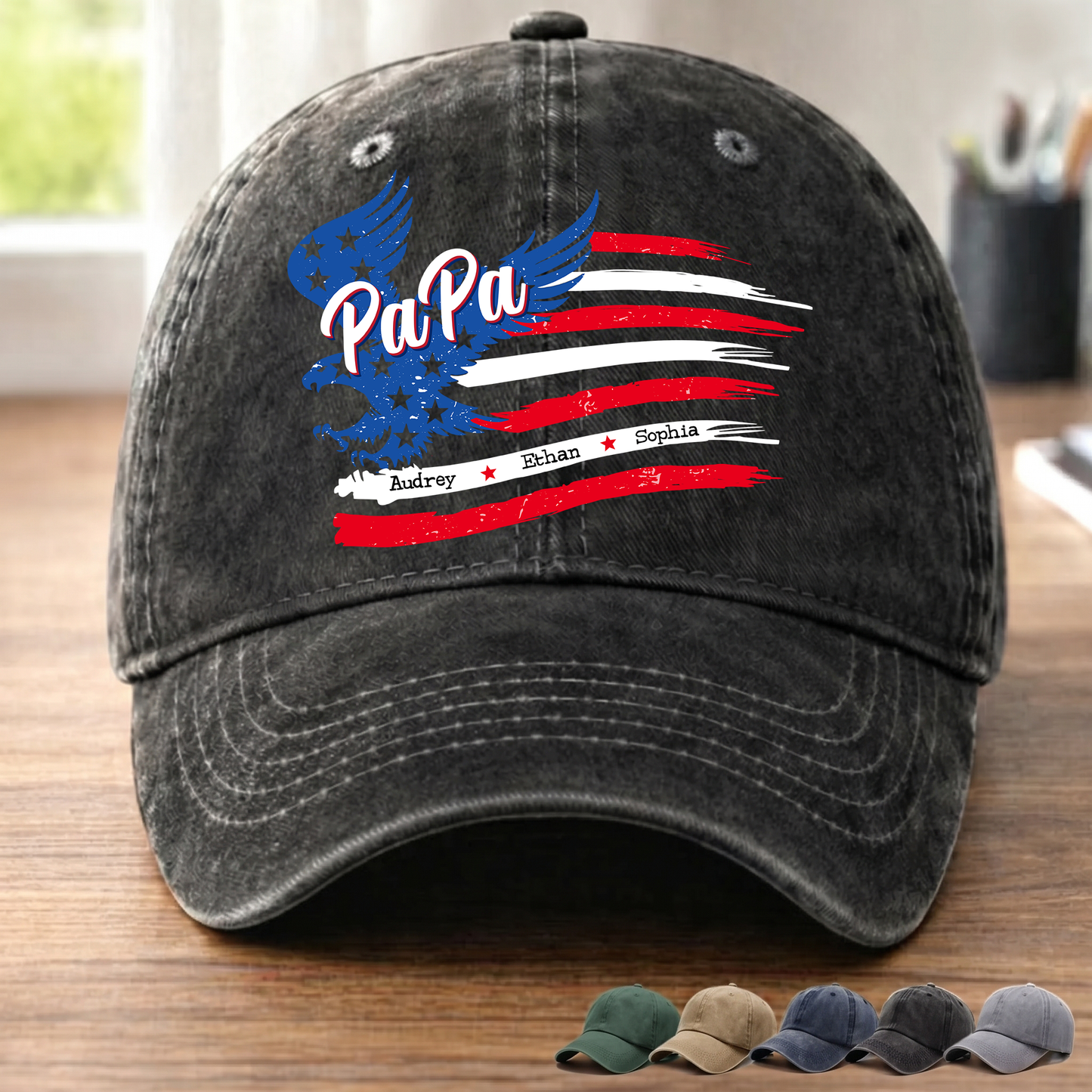 Personalized PaPa American Flag Hat for Grandpa, Custom Kids Names Patriotic Eagle Cap, Fathers Day Gift for Papa Grandfather Birthday Present for Men