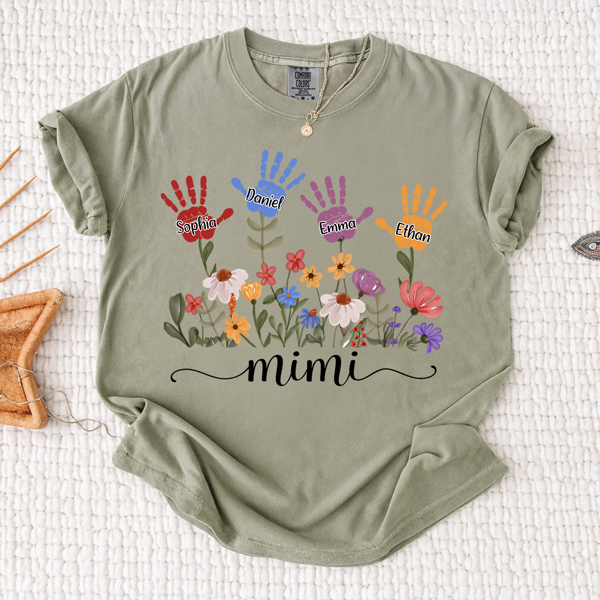 Comfort Colors Mimi Custom T Shirt with Kids Handprints, Personalized Family Names and Colorful Flower Design