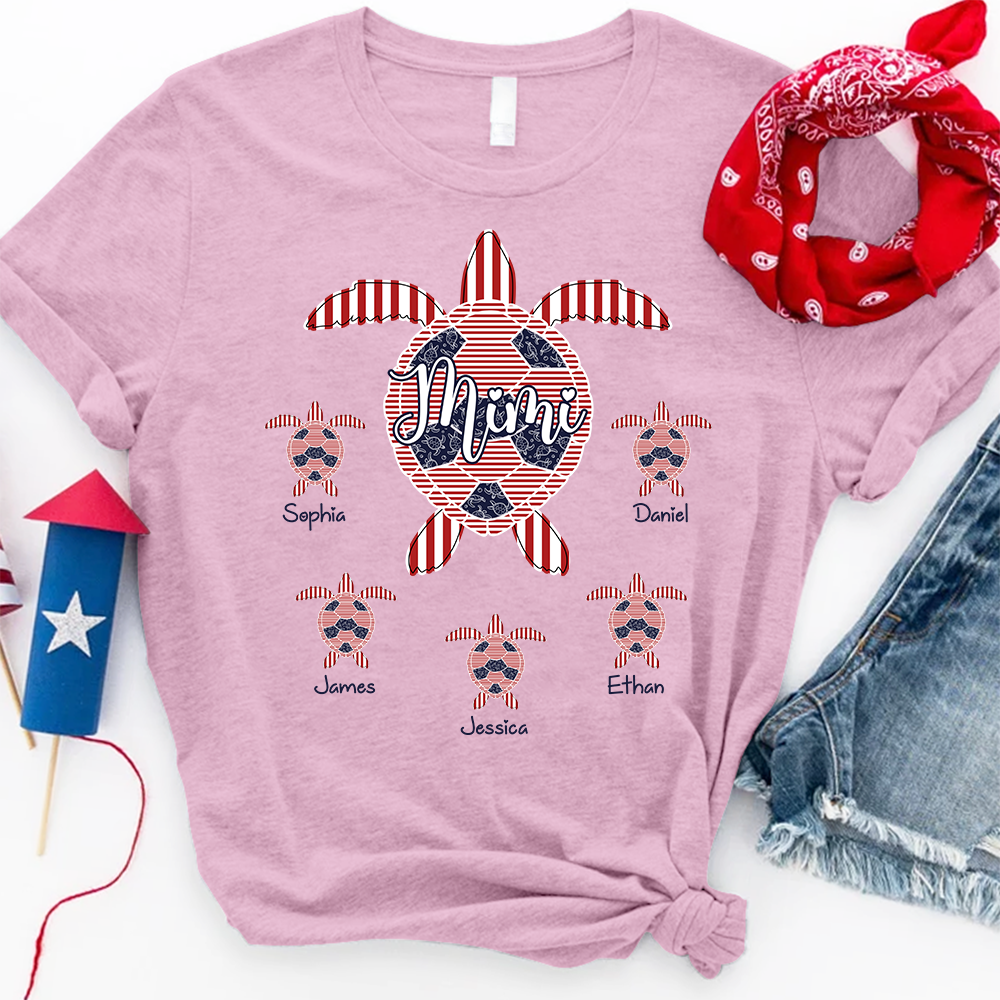 Personalized Mimi Sea Turtle Shirt with Grandkids Names, Custom Coastal Family Tee, Patriotic Beach Turtle Shirt for Women