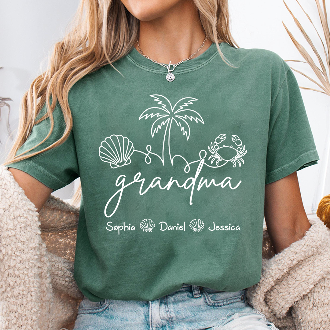 Personalized Grandma Beach Shirt with Grandkids Names, Coastal Palm Tree and Seashell Tee, Custom Summer Family Gift for Grandma